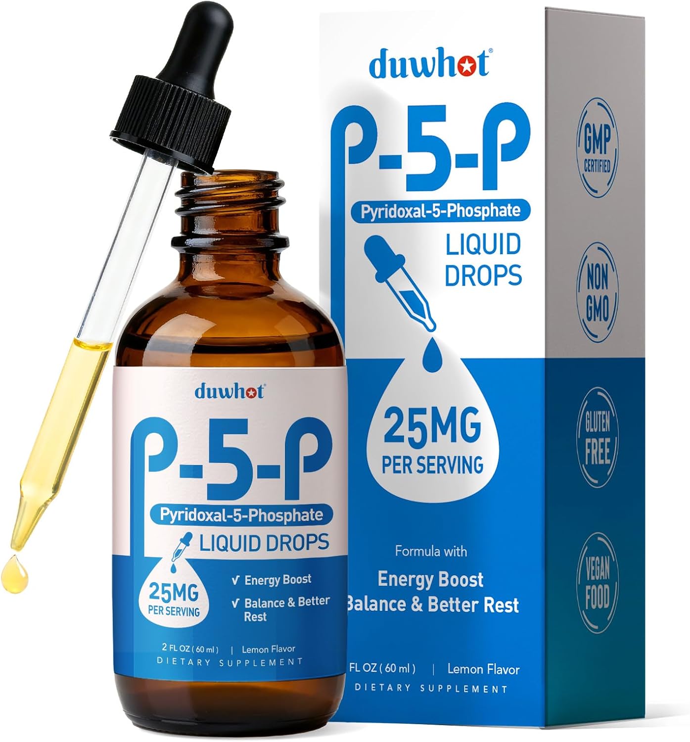 P5P Vitamin B6 25mg, Pyridoxal-5-Phosphate Activated B6 Liquid Drops for Women & Men, Energy Support, Balance, Nervous System Health, 2 Fl Oz