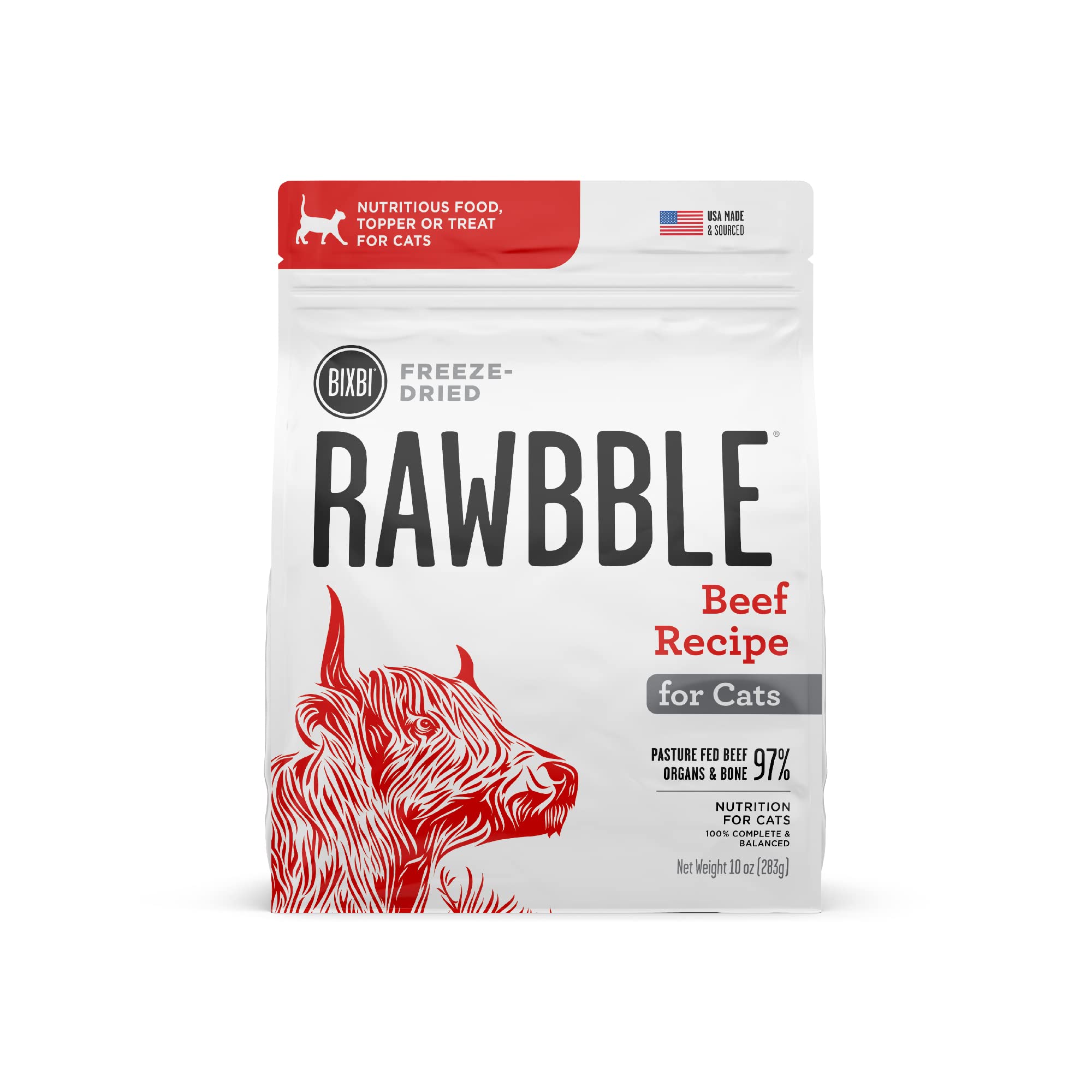 BIXBI Rawbble Freeze Dried Cat Food, Beef Recipe, 10 oz 97 Meat and