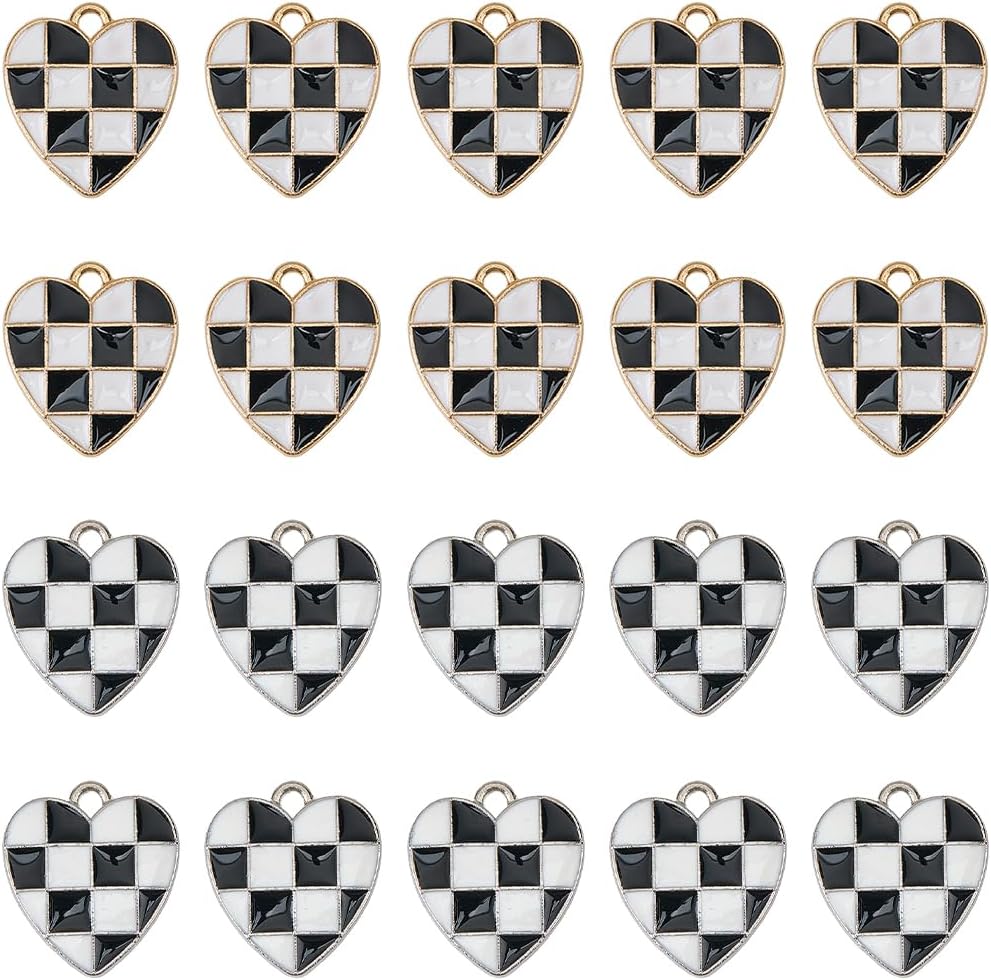 SUNNYCLUE 1 Box 40Pcs Checkered Charm Enamel Heart Charms Bulk Gold Silver Metal Alloy Black White Flag Love Hearts Shaped Pendants for Jewelry Making Bracelet Necklace Earrings DIY Crafts Findings