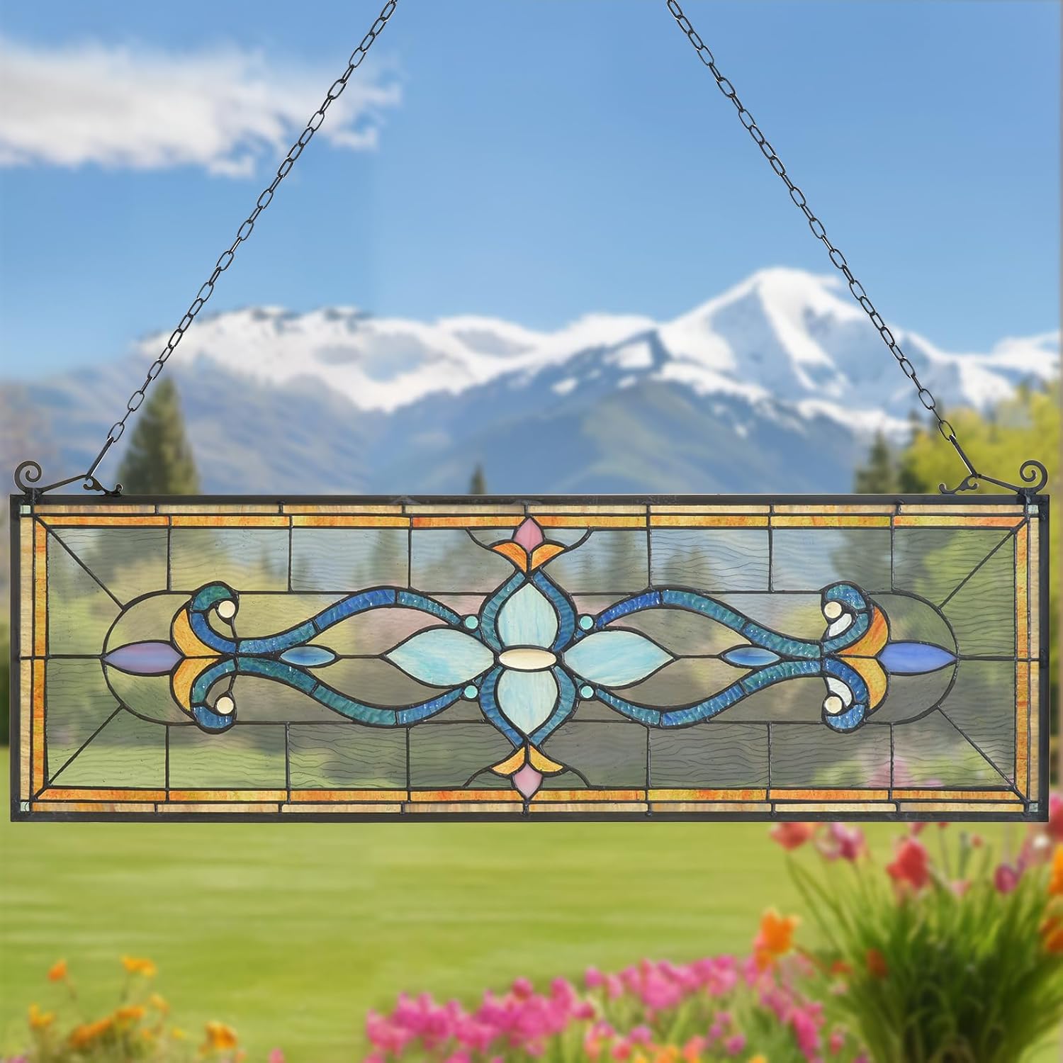 Capulina Large Horizontal Stained Glass Window Panels Hangings Tiffany Style Traditional Art Handcrafts for Home Decor and Gifts