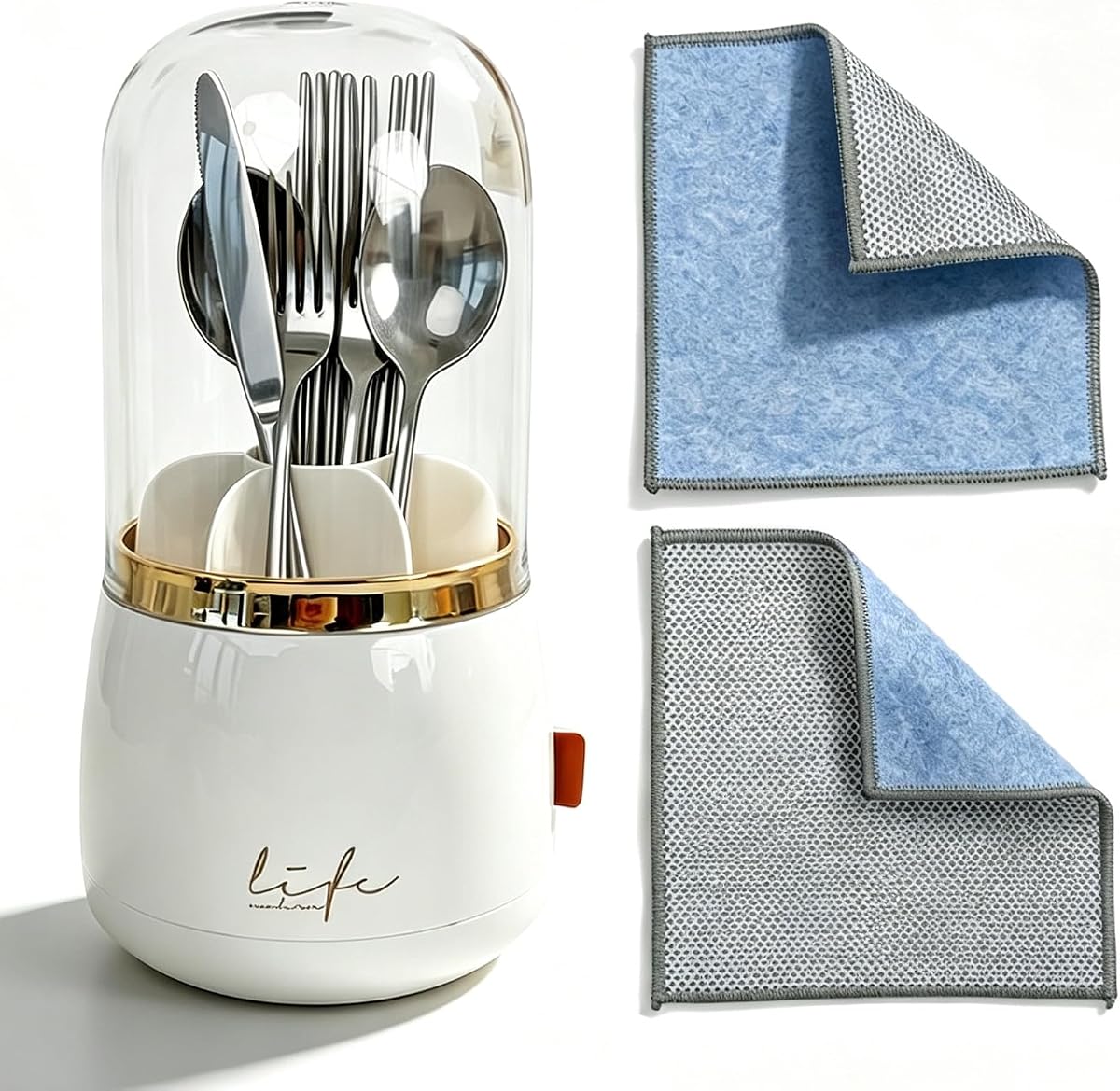 Silverware Organizer Includes a Dish Cloth, 360° Rotating Utensil Holder with Lid - 7 Slot Fork and Spoon Organizer for Kitchen Counter, Kitchen Caddy with Drainage(White)