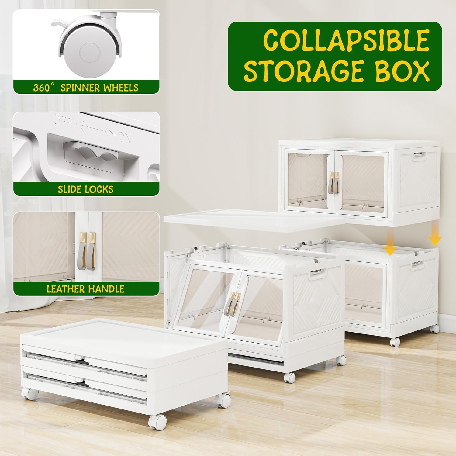 Stackable Storage Bins with Doors & Lids & Wheels, 90QT-45QT*2Pack Foldable Collapsible Closet Organizers for Bedroom Dorm
