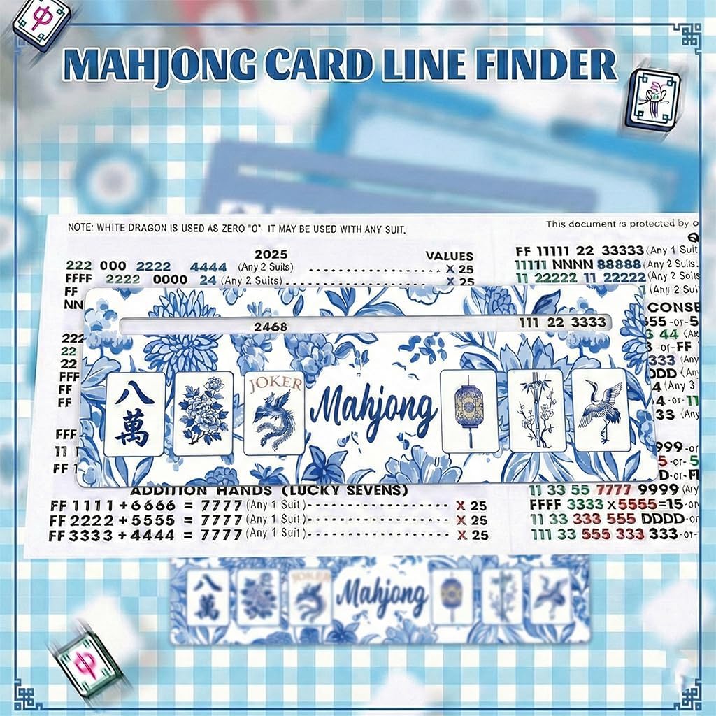 Mahjong Card Line Finder 4 Pcs - Chinese Porcelain Style Mahjong Line Reader Waterproof PVC Card Readers for Mah Jong Beginners Players Lovers Competitions Parties Game Nights Mahjong Gifts for Women
