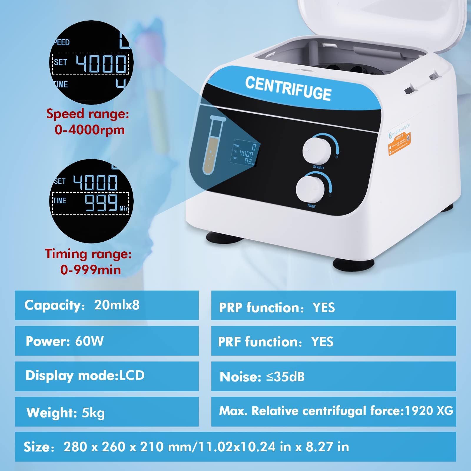 YUCHENGTECH Centrífuga de Laboratorio de Escritorio Eléctrico Centrífuga Digital de Baja Velocidad 8X20ml 4000 rpm 0-999 Min 1920xg para Tubos de Centrífuga de 5/7/10 ml, 28x26x21cm 5kg