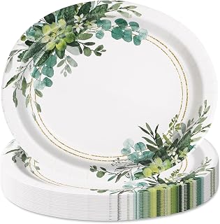 50Pcs Greenery Paper Plate Watercolor Eucalyptus Leaves Oval Disposable Plates 9 Inch Green Leaves Tableware Dessert Plates for Spring Wedding