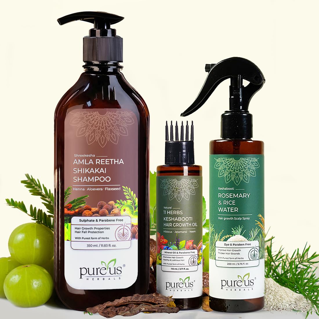 Pureus Herbals Amla Reetha Shikakai Shampoo, 11 Herbs Keshabooti Hair Growth Oil & Rosemary Rice Water Spray - Hair Growth Combo | Sulphate & Paraben Free | For Hair Fall Control & Regrowth-image-11