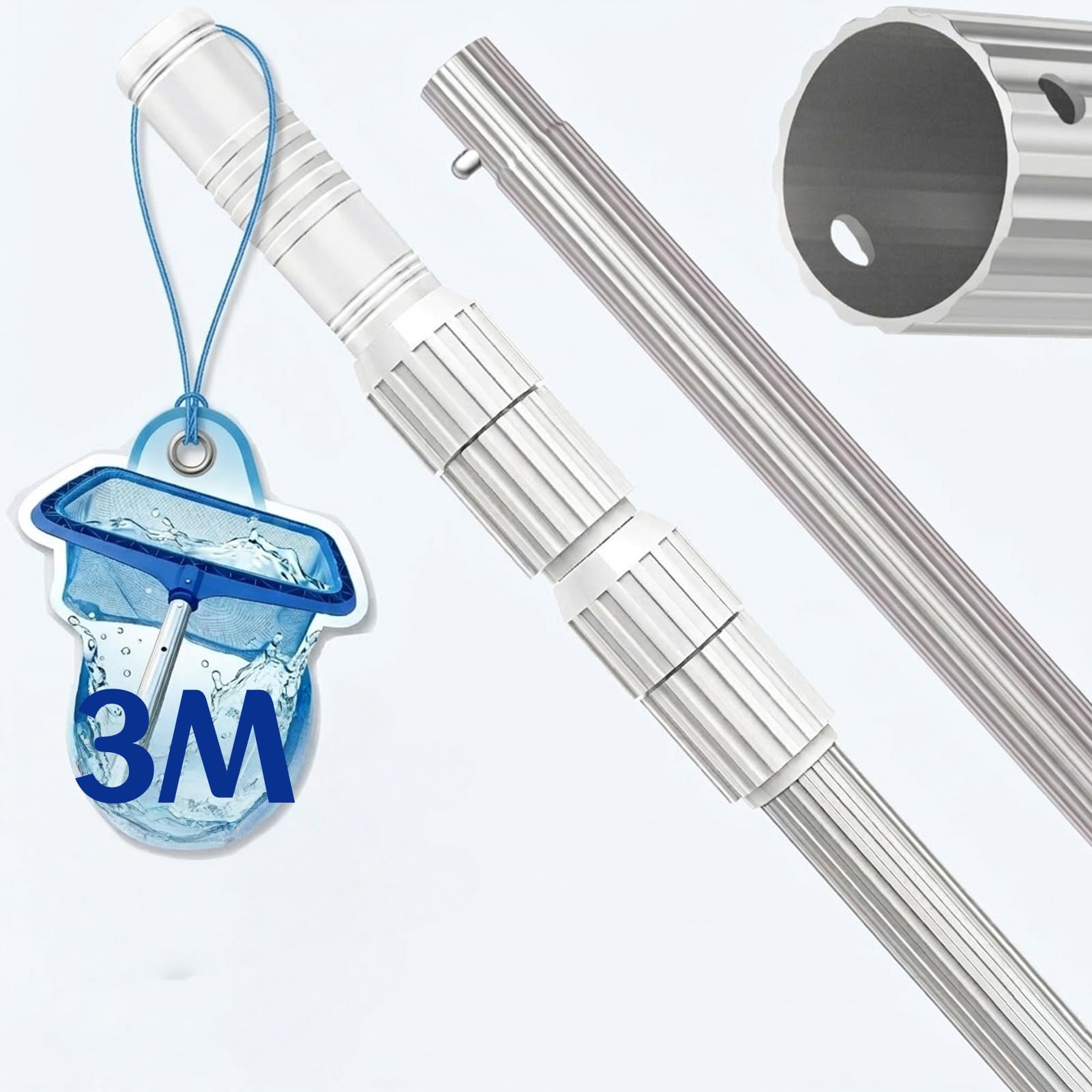 Perche Télescopique de Piscine en Aluminium 3 Pièces Réglable de 1,2 m à 3,06 m, Manche de Nettoyage Stable & Robuste (Épaisseur 1,2 mm) pour Épuisette de Skimmer, Brosse, Tête d'Aspiration