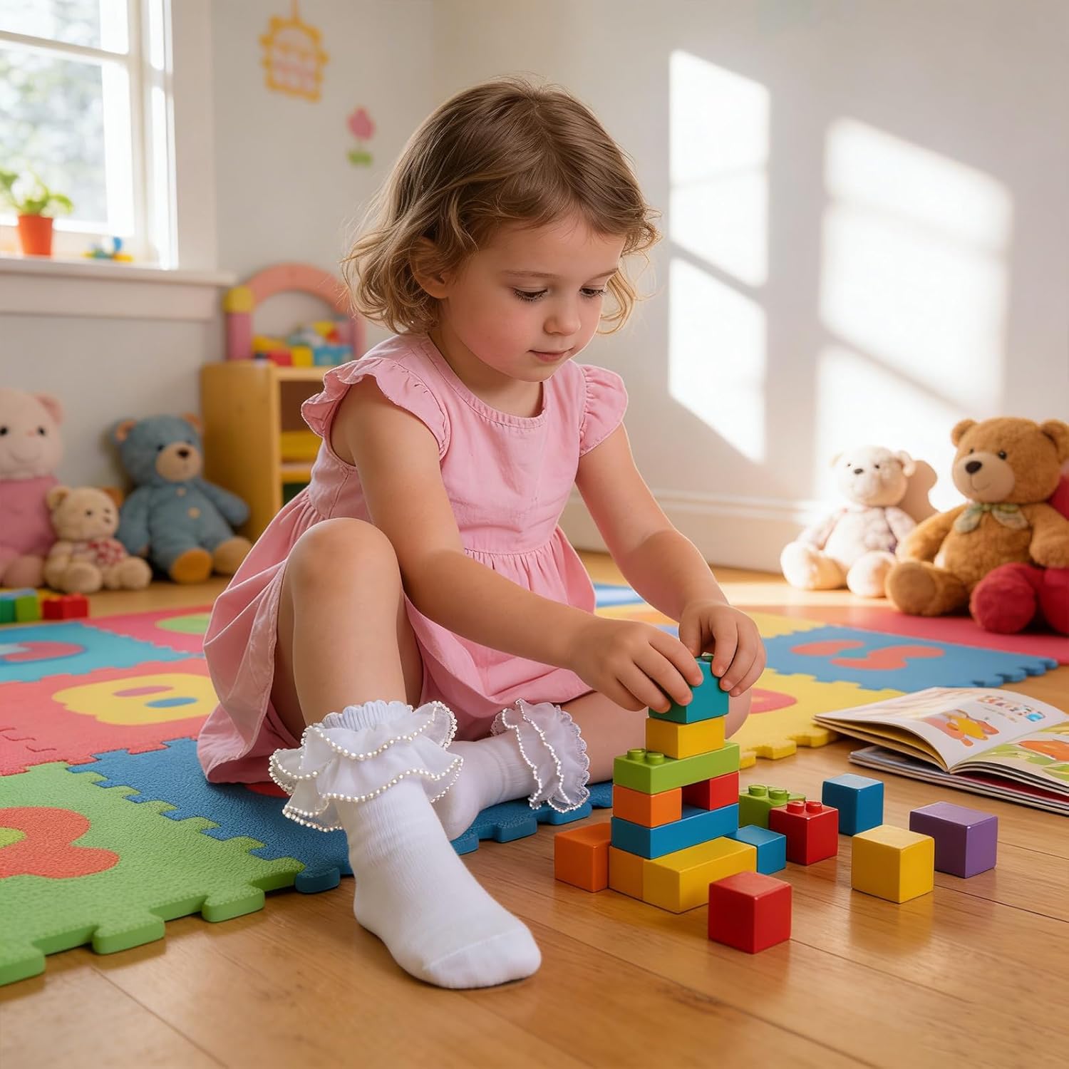 4 Pairs White Girls Ruffle Socks Toddler Cute Pearls Lace Frilly Dress Socks Church Fancy Sock for Little Kids Baby - Image 2