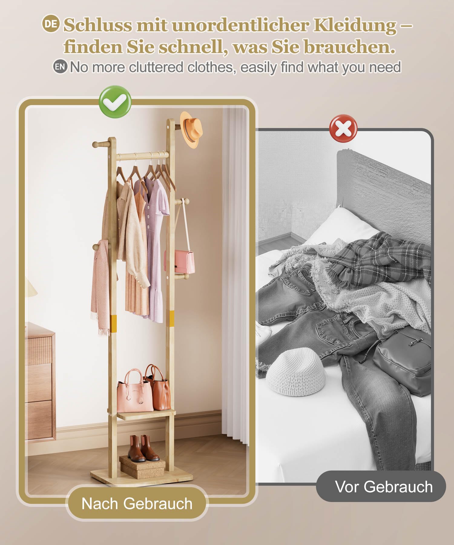 YORBAY Perchero de madera de pie: Burro Ropa con 2 estantes, 5 ganchos y 1 barra, ideal para guardar ropa, sombreros, chaquetas y bolsos, ideal para sala de estar Recibidor Dormitorio