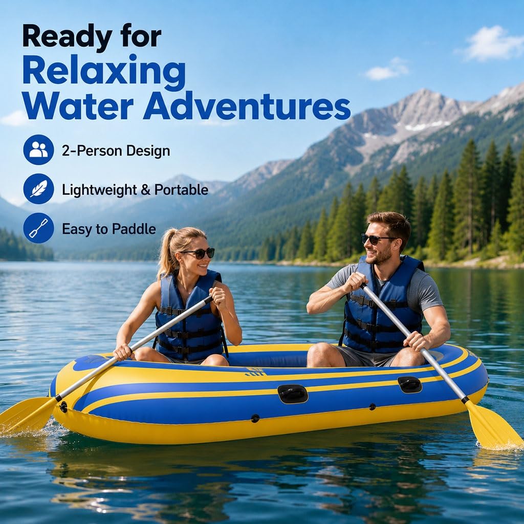 Kayak Inflable para 2 Personas, Barco De PVC con 4 Cámaras De Aire