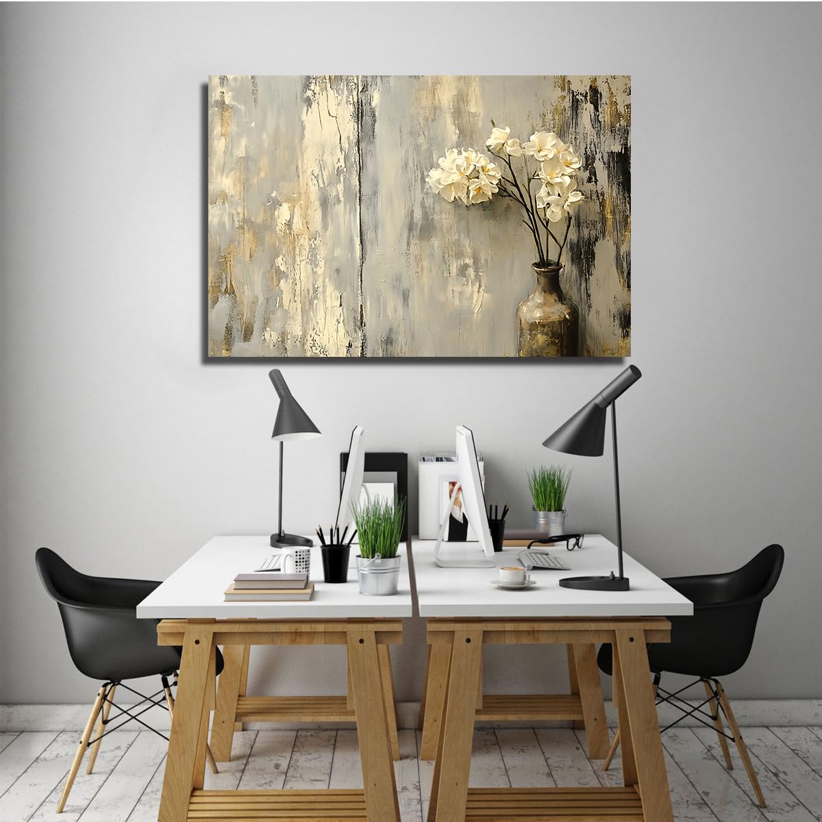 CHERHERART Láminas de oro elegantes en flor blanca Fotos de cartel moderno abstracto floral Arte mural neutro de lujo para el salón Dormitorio 70x100cm Estructura interior