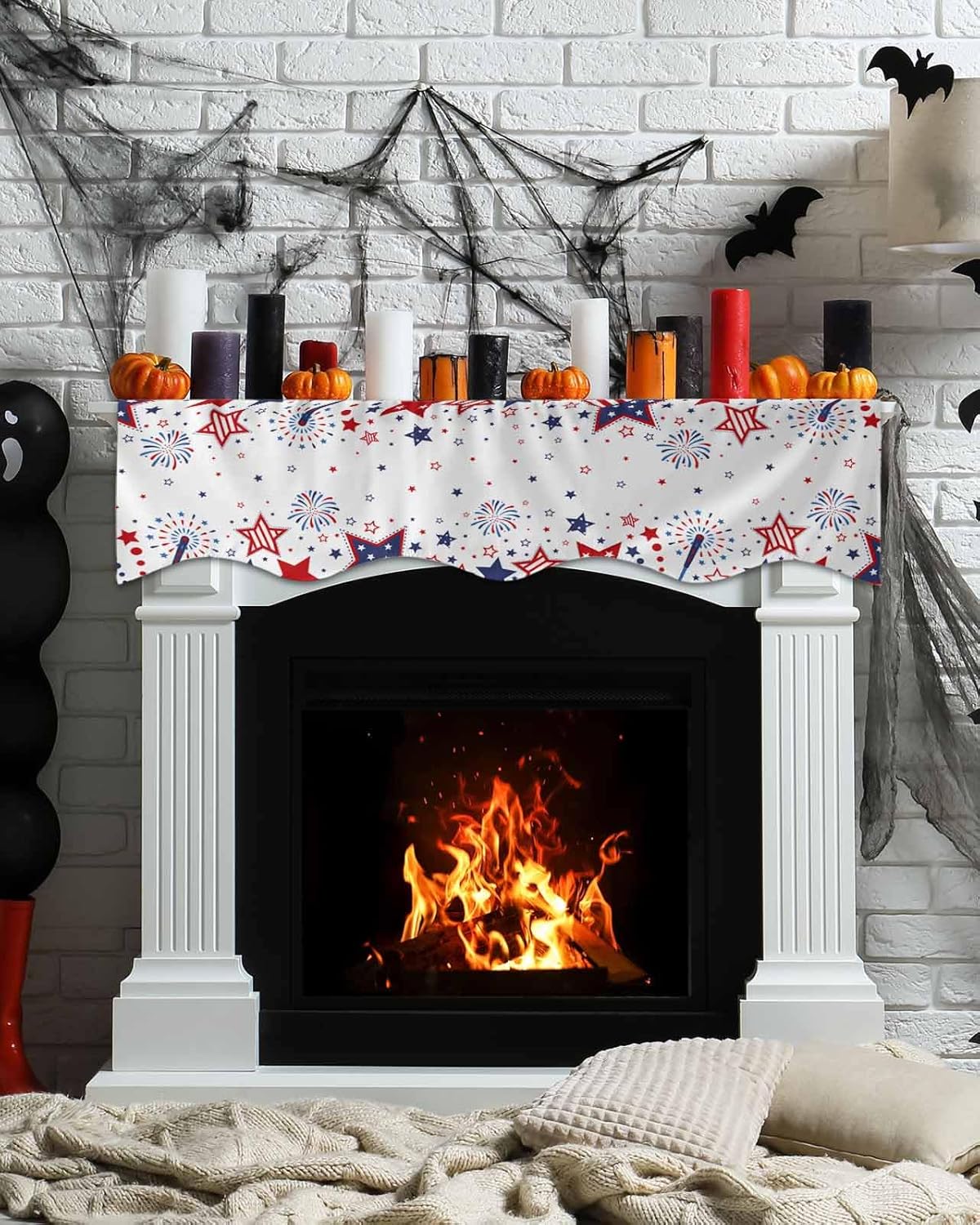 4th of July Mantle Scarf for Fireplace, Patriotic Star Memorial Day Fireplace Cover Decorations Indoor Independence Day Mantel Top Scarf Runner for Home Living Room Holiday Party, 17 x 70 Inch