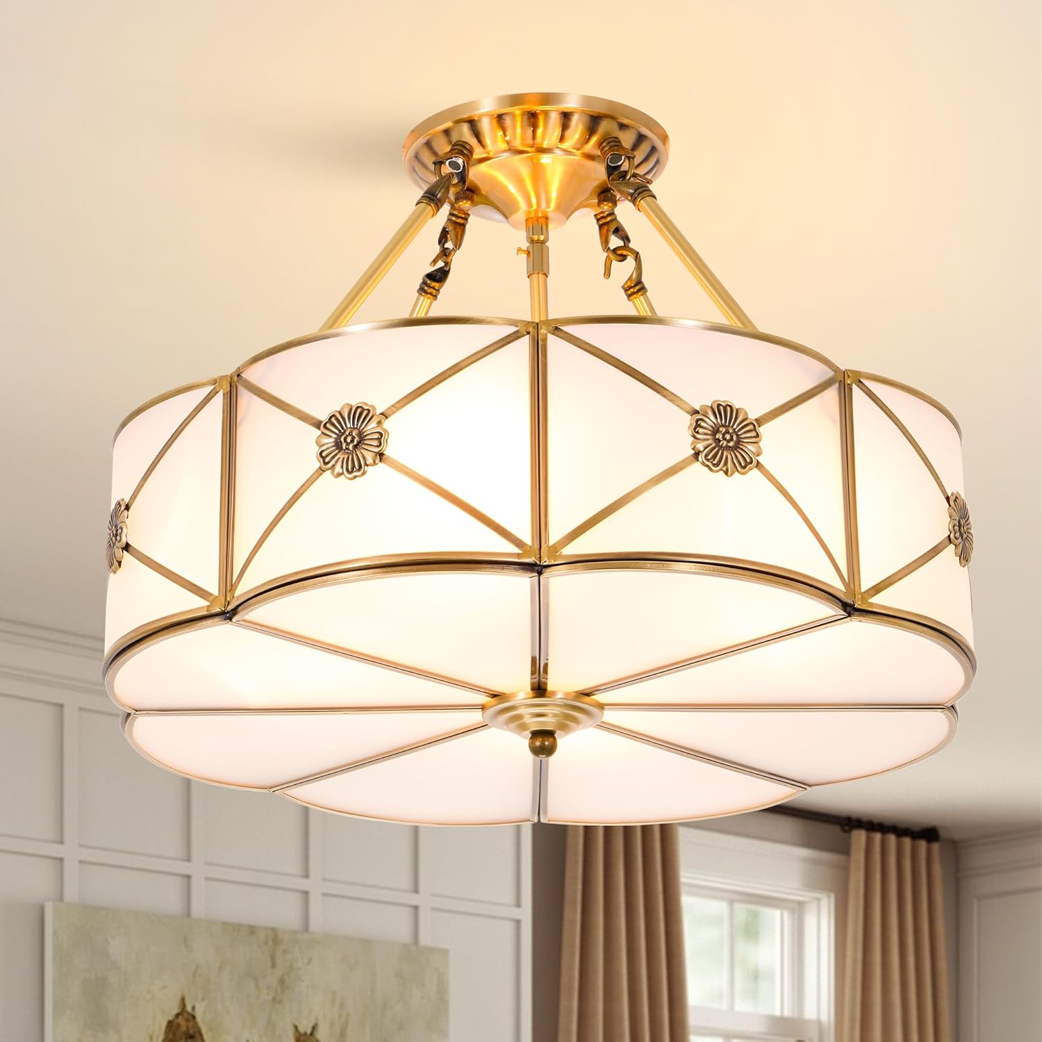 Vintage Ceiling Light Fixture 17'' Wide 4-Light Antique Gold Chandeliers Semi Flush Mount Ceiling Pendant Light with White Drum Shade Boho Lamp Decor for Bedroom Dining Room Entryway Porch