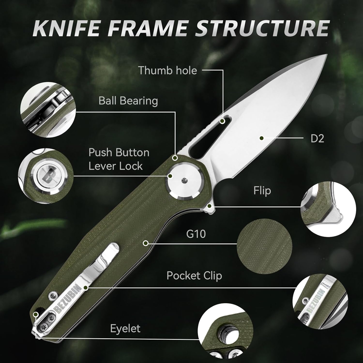 Pocket Folding Knife,3.15" D2 Steel Blade,Green G10 Handle,Push Button Lever Lock,Pocket Knife with Pocket Clip for Outdoor,Survival,EDC