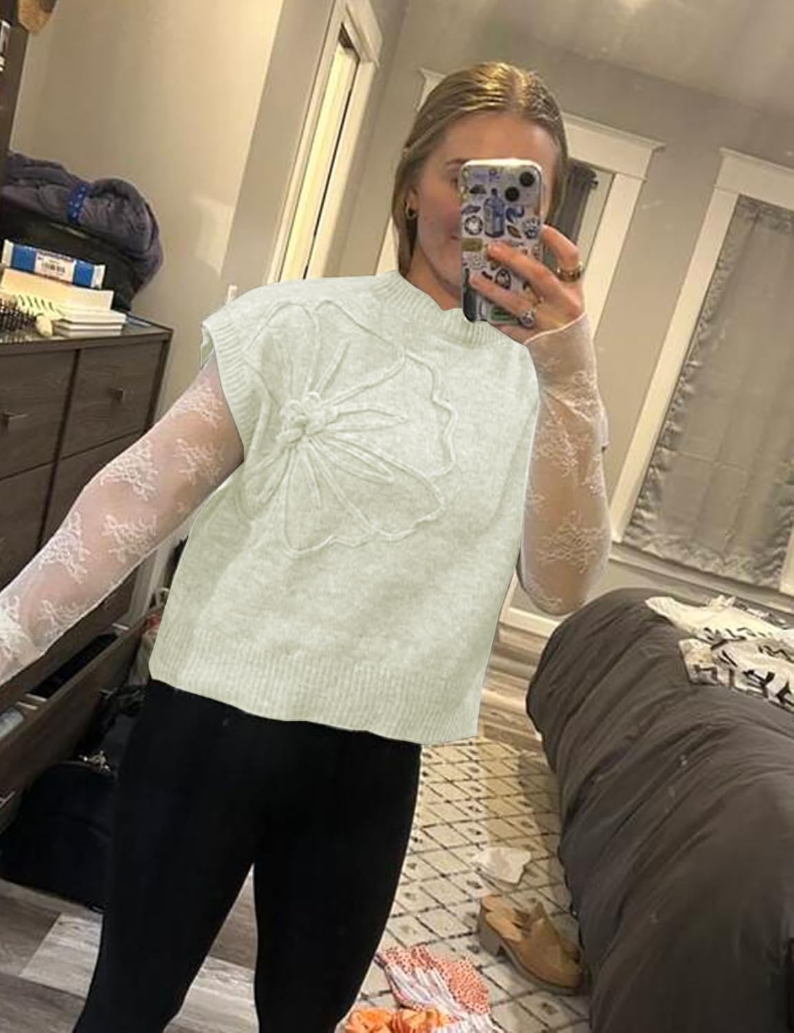 Womens Floral Sweater Vest Cute Cap Sleeve Tops 3D Flower Decor Knit Tank Top Loose Spring Fall Summer Clothes 2026 - Image 7