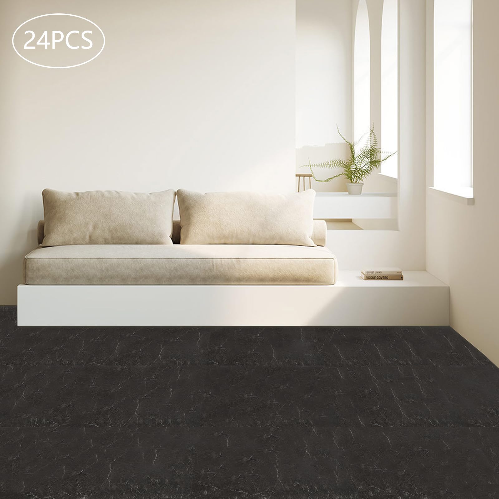 Revestimiento de suelo autoadhesivo, 24 unidades, color negro, vetas de piedra, baldosas de PVC, aspecto de azulejos, autoadhesivas, 60 x 30 cm