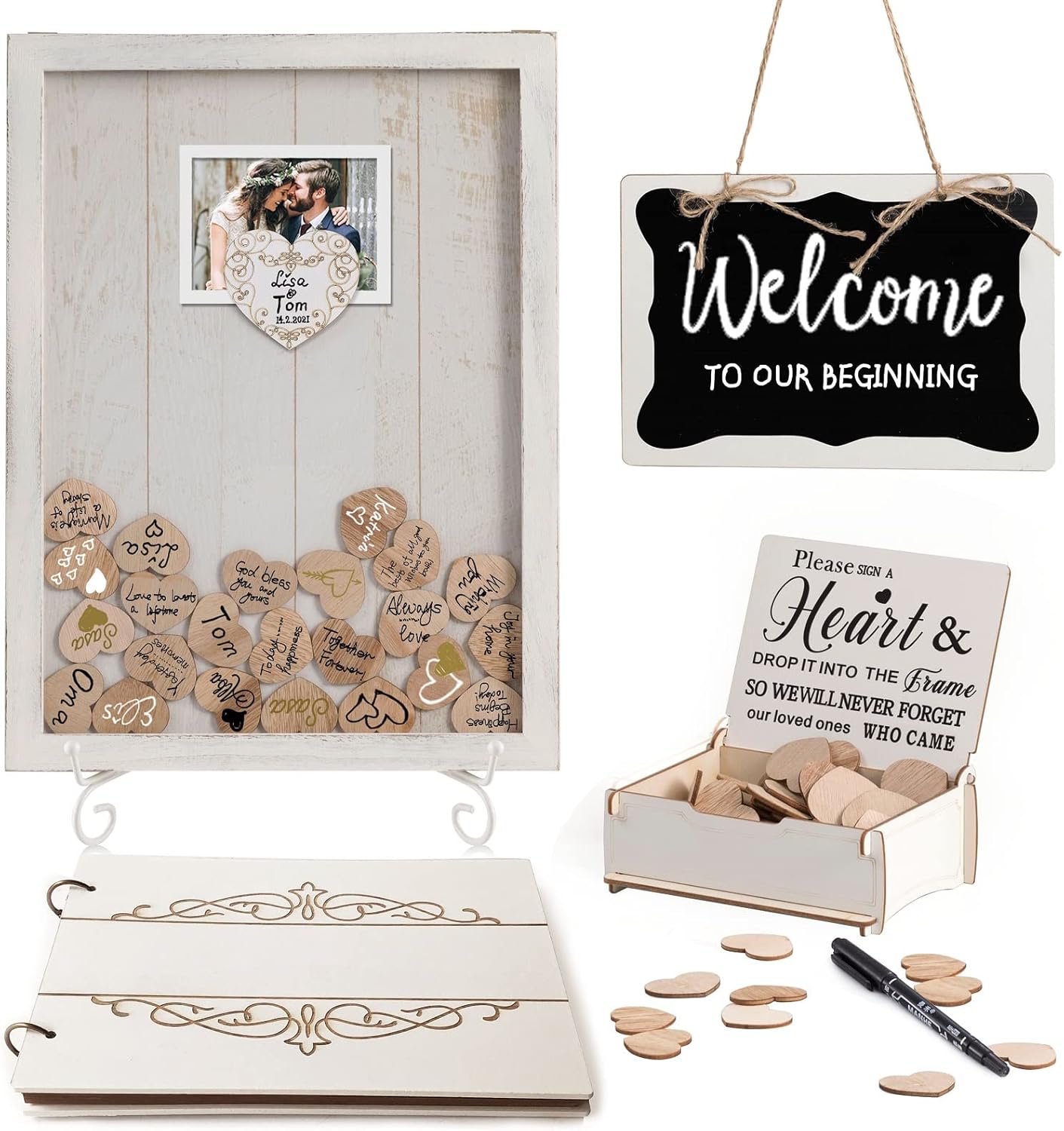 Y&K Homish Guest Book for Wedding Alternative Rustic Wedding Decorations for Reception Wedding Signs Guest Book with Pen Disply Wedding Picture Frame