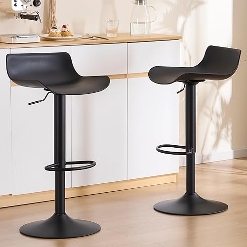 YOUNIKE Juego de 2 taburetes de bar negros modernos para encimera de cocina con altura ajustable giratoria, respaldo bajo, taburetes de plástico