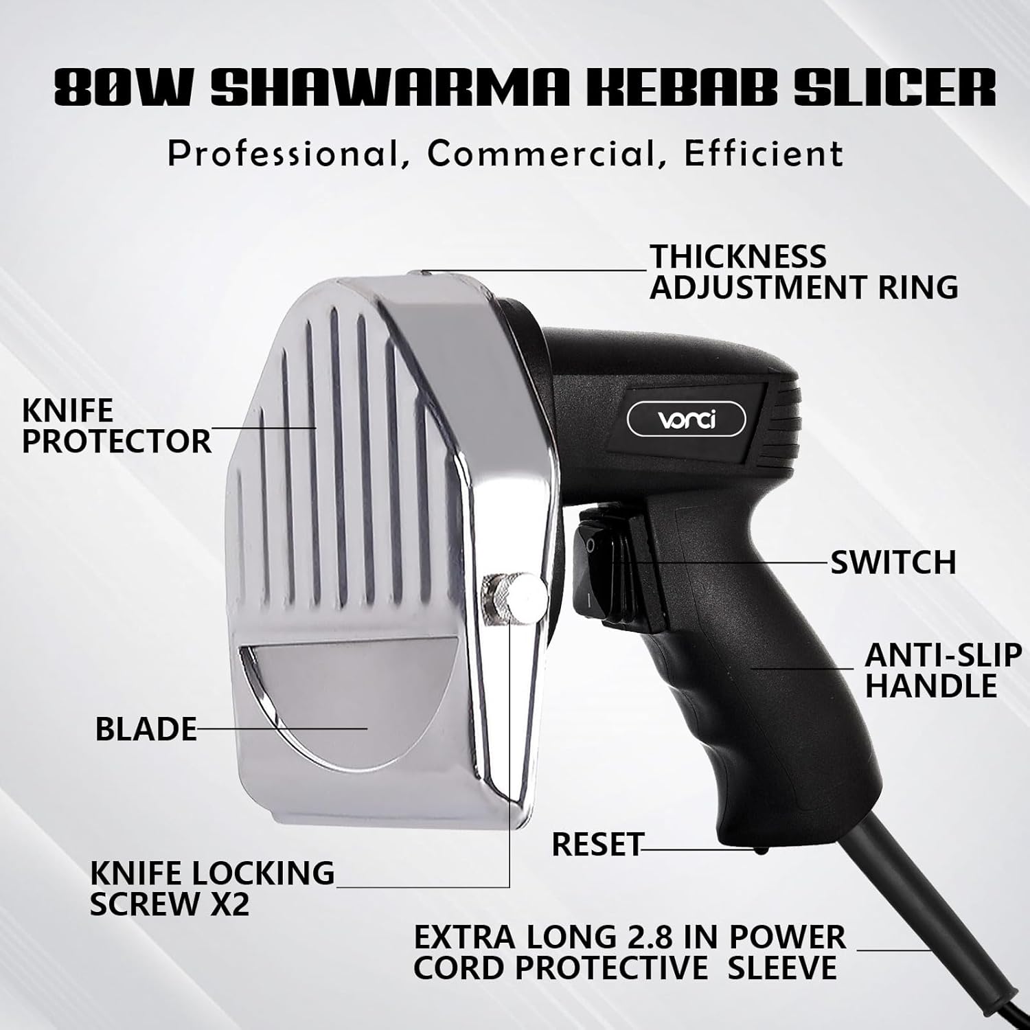 VONCI 80W Commercial Gyro Cutter, Electric Shawarma Knife, Doner Kebab Meat Slicer With 2 Blades, 2600 RPM, 0-8mm Adjustable Thickness, Powerful Turkish Grill Machine.
