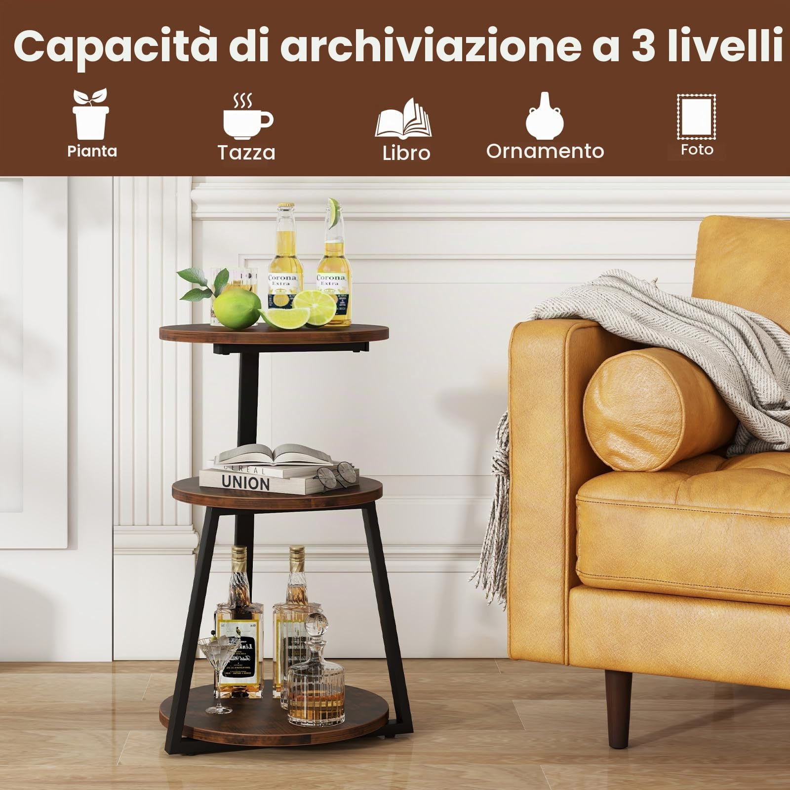 GIANTEX Tavolino a 3 livelli 62 cm, comodino con 3 ripiani in legno, tavolino da caffè con telaio in metallo con piedini regolabili, tavolino rotondo design industriale