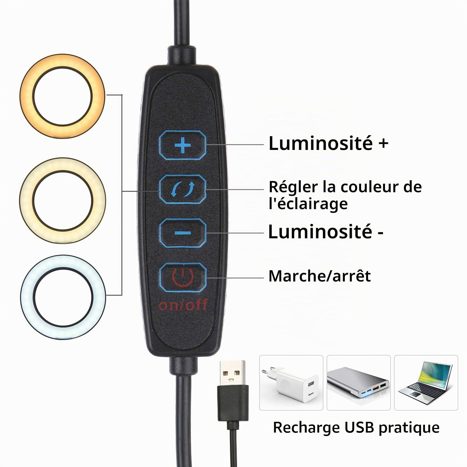 Lampe de table flexible grande blanche avec pince, équipée d'une loupe 8X et d'un bras orientable, LED dimmable, 3 modes de couleur et 10 niveaux de luminosité, idéale pour la lecture et le travail