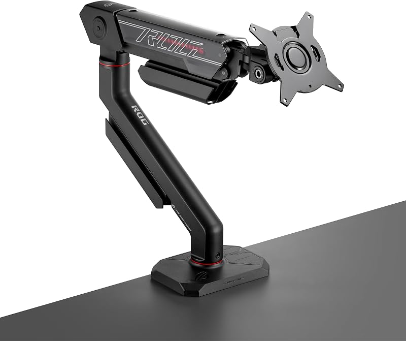 Brazo de monitor ROG Ergo (AAS01R) – Montaje de monitor de resorte mecánico con abrazadera de escritorio y montaje de arandela, soporta hasta 49 pulgadas* dentro de 13,5 kg, pivote/pivote/inclinación/rotación/altura ajustable, VESA 100 x 100 mm