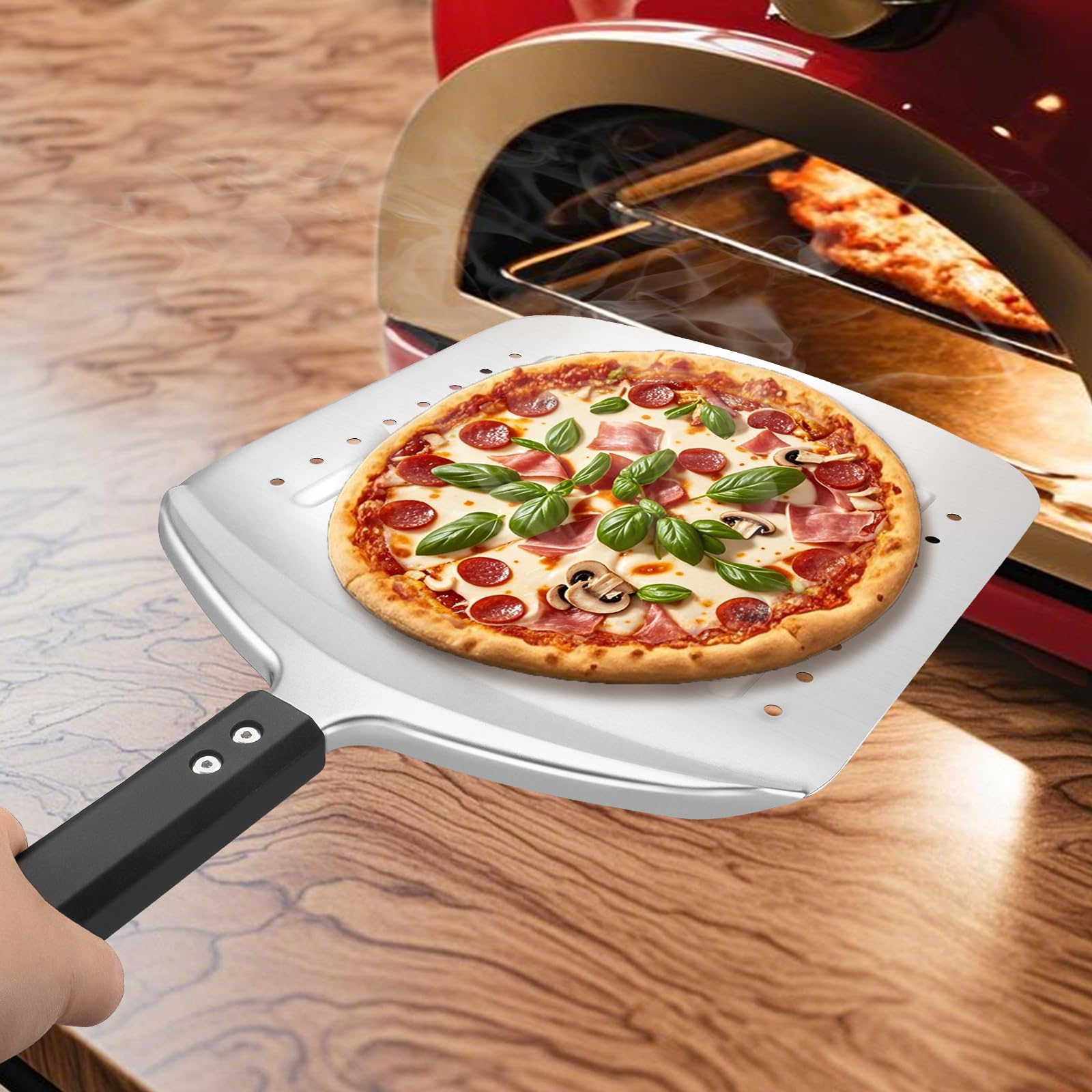 MANJIA Perforated Pizza Peel 12 Inch, Aluminum Pizza Paddle Pizza Cutter Rocker, (12