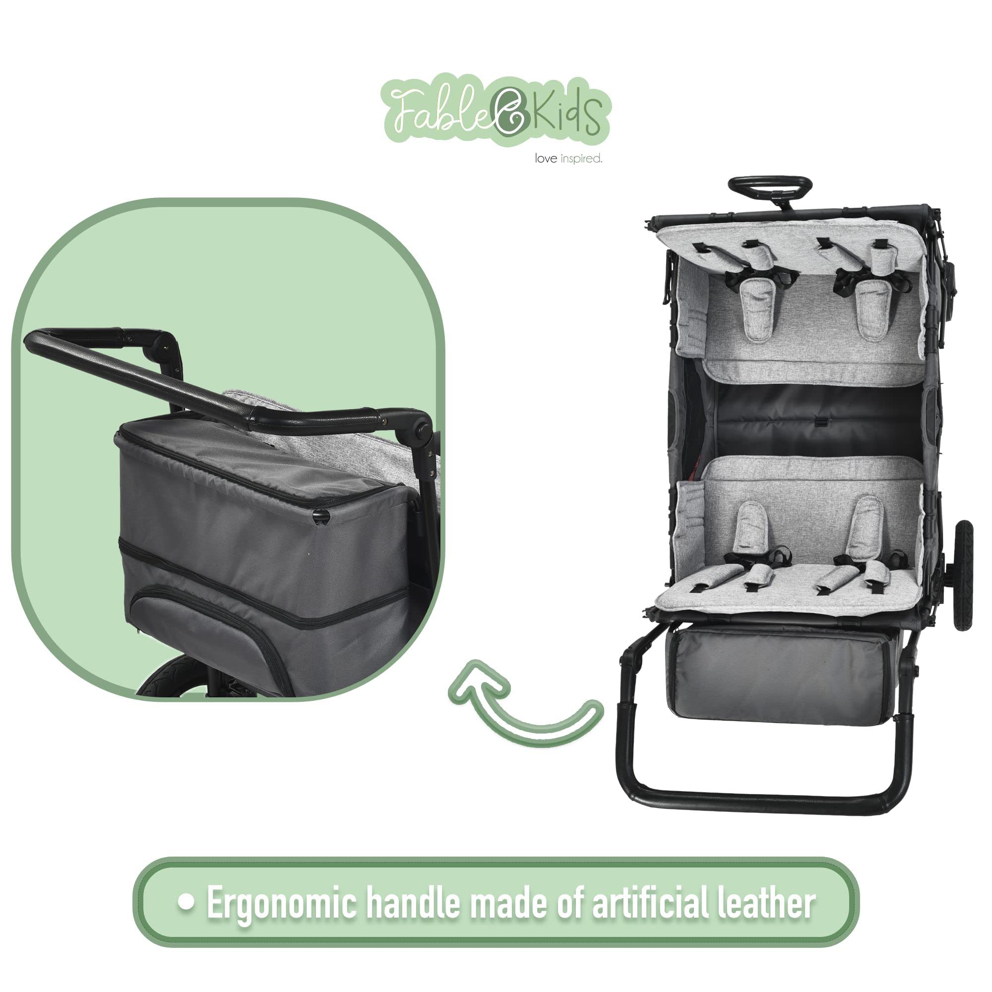 FableKids Follower Passeggino Leo X4Plus con tetto | Caricabile fino a 20kg per seduta | Imbracatura a 5 punti 4X | Ruote offroad a 360° | Freno a pedale | Oxford 600D| Maglie di ventilazione | grigio