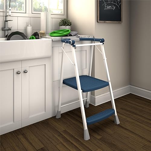 Miniatura 3 de COSCO 2 pasos Kitchen Stepper Taburete plegable para adultos, ayudante plegable para niños (aceroresina), azul marino