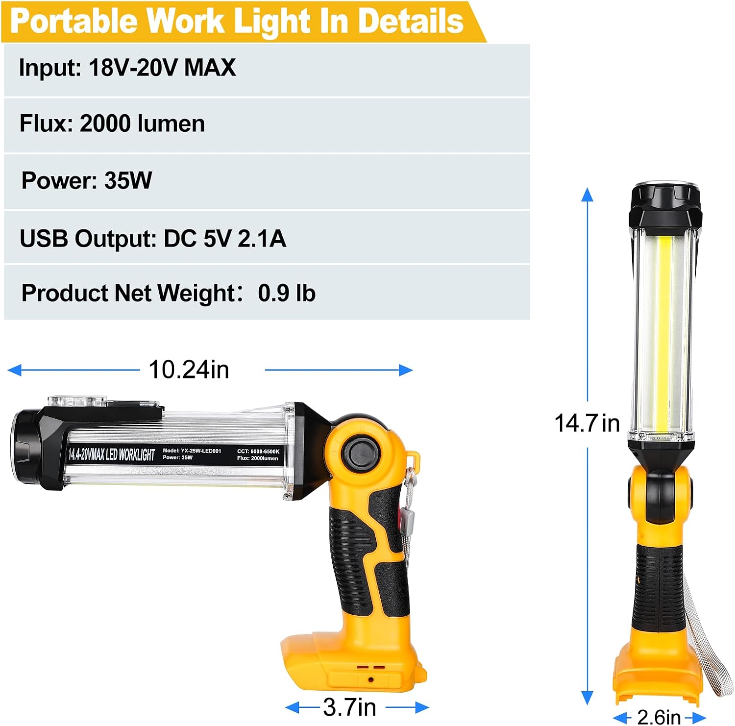 Spotlight Cordless Work Light for Dewalt 20V Battery, 35W LED Floodlight 2000LM Work Lights Spotlight Downlights, Portable Downlights for Home & Garage Repair, Camping (NO Battery Included)