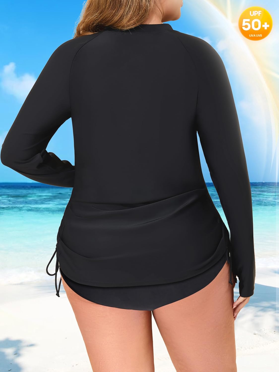 Plus Size Rash Guard for Women Long Sleeve UV Sun Protection Shirts UPF 50+ Swimsuit Tops with Zip Pockets - Image 2