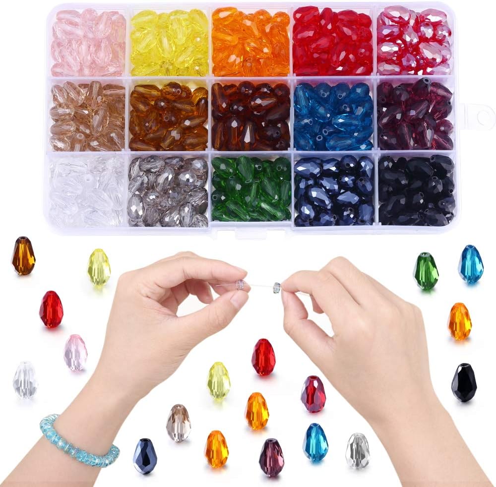 Lucky Goddness 450 Pcs Teardrop Glass Beads, Bicone Crystal Beads 8x11 mm Vertical Hole Shape Crystal Spacer Beads for Jewelry Making DIY Bracelet Necklace Sewing Crafts Decoration
