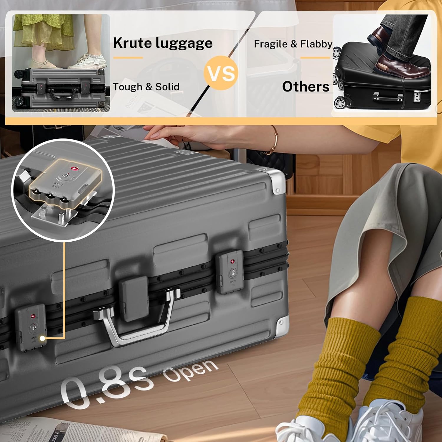 Krute No Zipper Luggage Set 2 Pieces Aluminum Frame Suitcase Sets Polycarbonate Hard Shell Luggage TSA Lock Checked Suitcase with Spinner Wheels