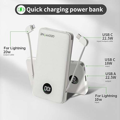 Miniatura 2 de GEEPFINE - Cargador portátil para iPhone, Samsung, cargador de batería delgado de 10000 mAh con cables integrados, batería de carga rápida PD20W,