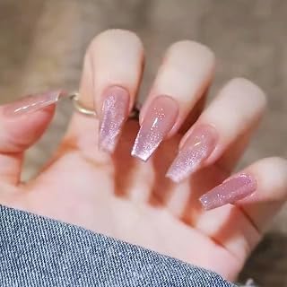 Pink Press-On Long Coffin Nails with Glitter Designs, Shiny Acrylic Finish, Full Cover Glossy False Nails, Stick-On for Women & Girls - Valentine's Day