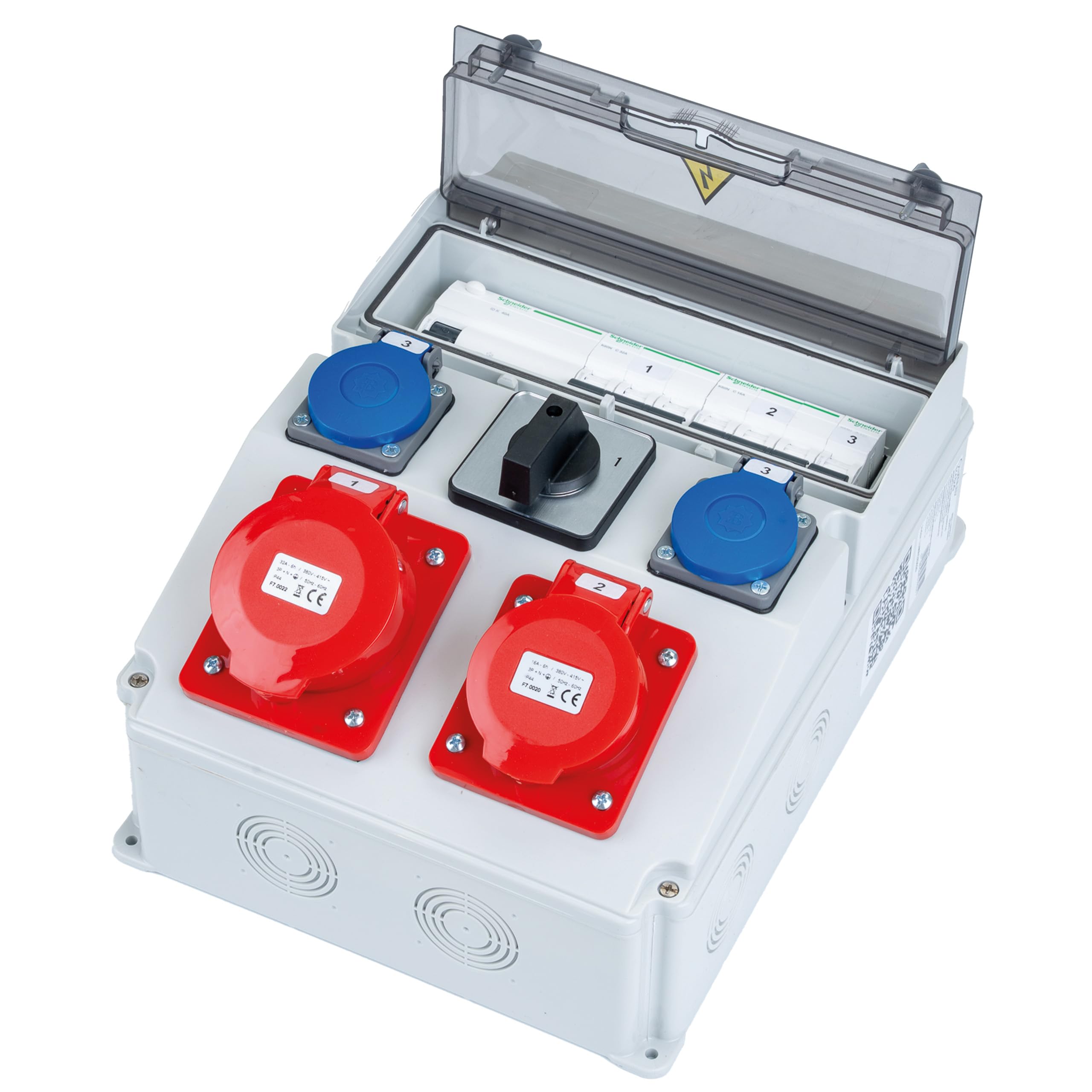 Lumiled Baustromverteiler mit Hauptschalter 0/1 32A, LS+FI, 1x CEE 32A 5-polig, 1x CEE 16A 5-polig, 2x Schuko 230V, Wandverteiler IP65 mit IP44 Steckdosen für Baustelle und Werkstatt
