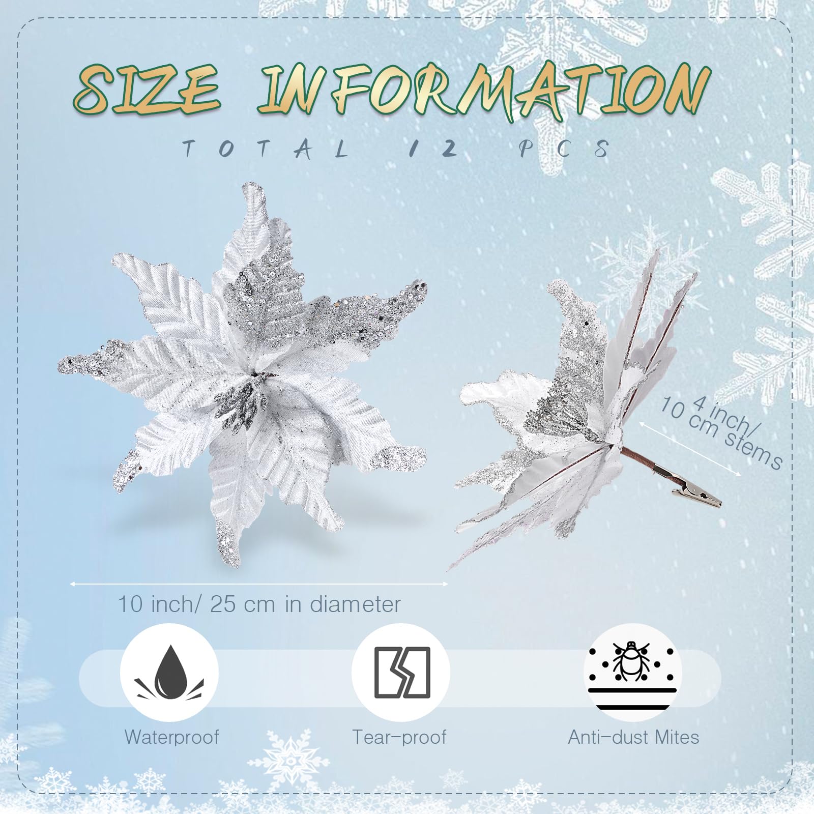 12 Stück Weihnachtssterne aus Glitzerstoff, 25,4 cm, künstliche Weihnachtsblume mit Clips, großer Kopf, Weihnachtsbaumschmuck, künstliche Weihnachtsblume mit Stielen für Hochzeit, Party (weiß)