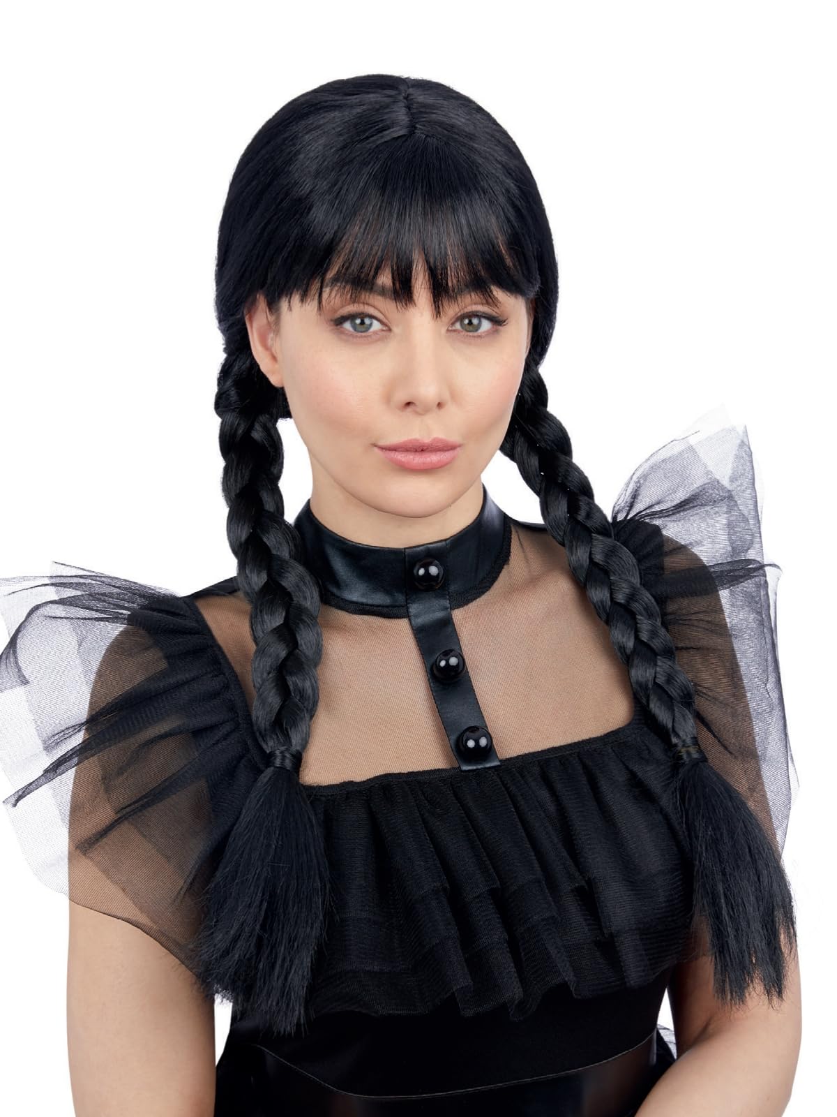 Smiffys Adult Gothic School Girl Wig with Plaits & Fringe, Halloween Fancy Dress Accessory, Gothic Schoolgirl Dress Up Wigs, World Book Day