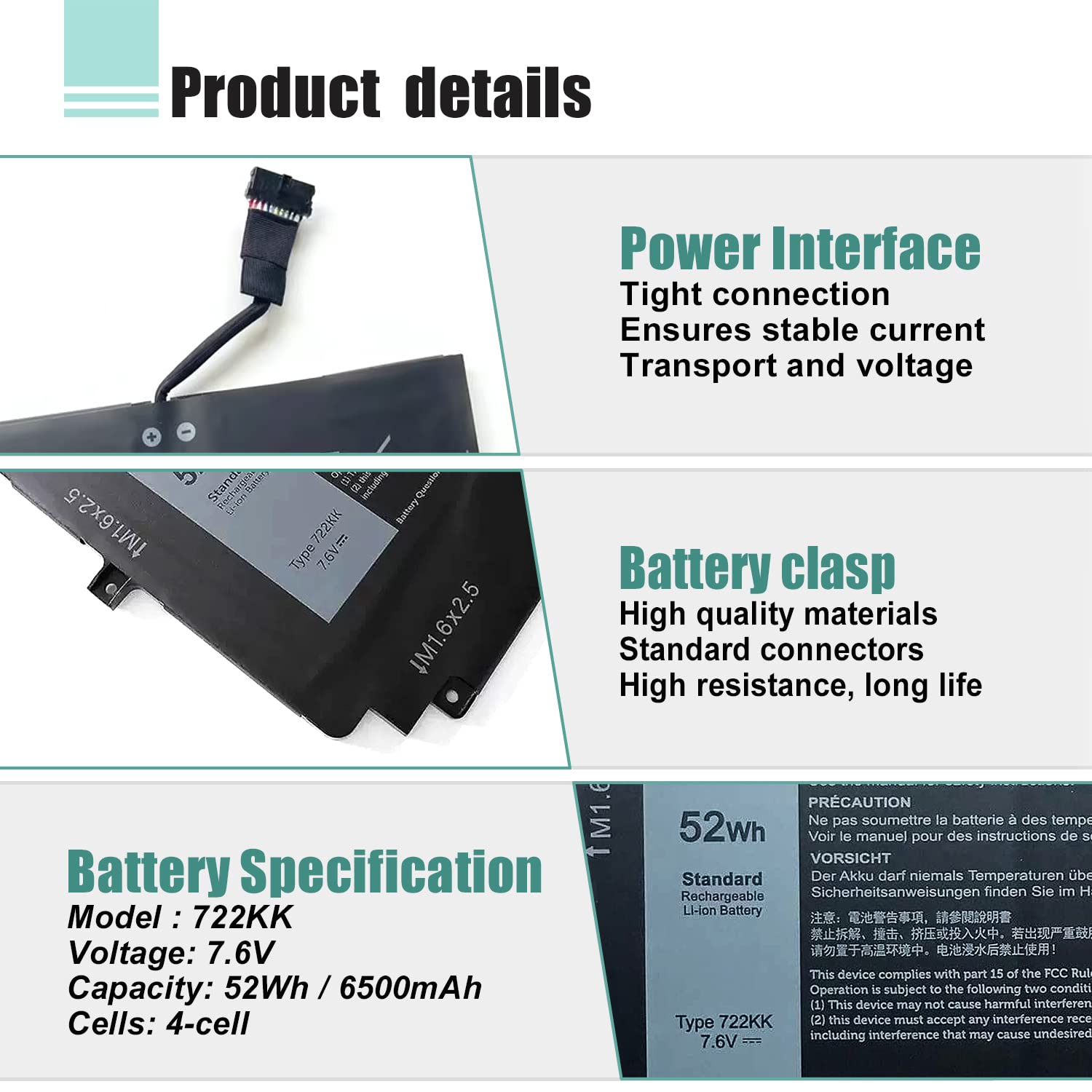 KYUER Laptop Akku Für Dell XPS 13 9300/9310/9380 – 52Wh, 6800mAh, 7,6V, Kompatibel Mit Teilenummern 722KK, 2XXFW