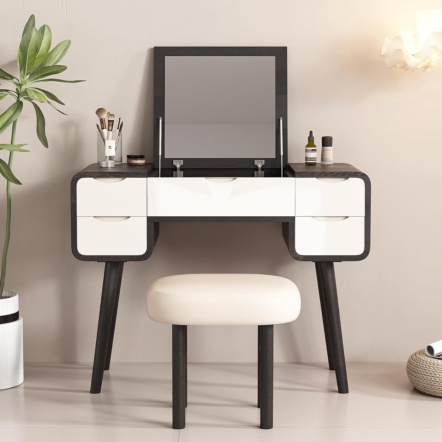 Lartis Flip Top Vanity Table Stylish Makeup Vanity with Stool, Makeup Vanity Desk, Reversible Makeup Mirror, Hidden Storage Compartment,Very Easy to Assemble