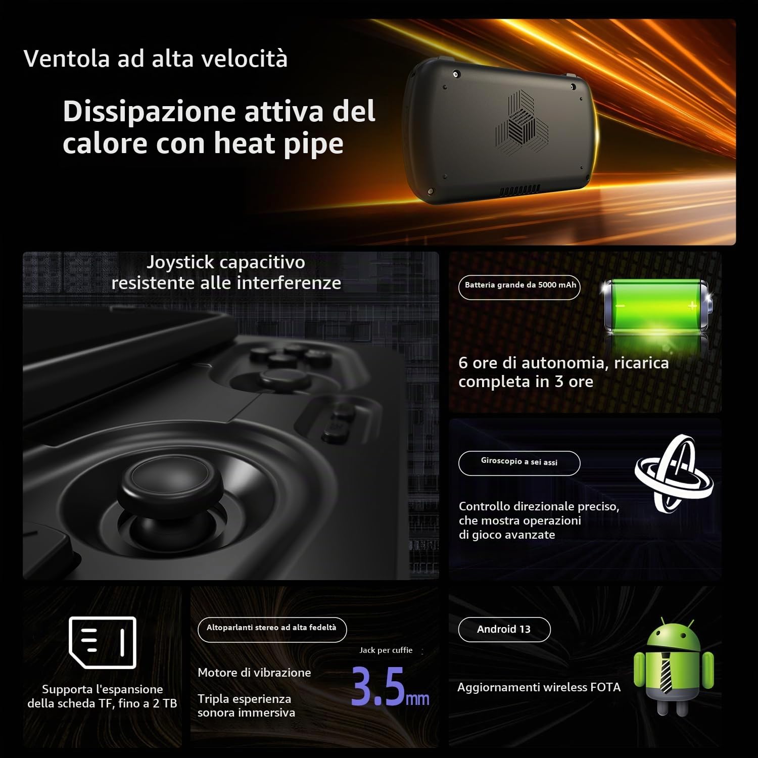 RG Slide Retro Console di gioco portatile, schermo LTPS in-Cell da 4,7 pollici, joystick capacitivo Android 13, supporto sistema AI Assistant 5G WiFi Bluetooth 5.0 senza scheda di gioco (nero)