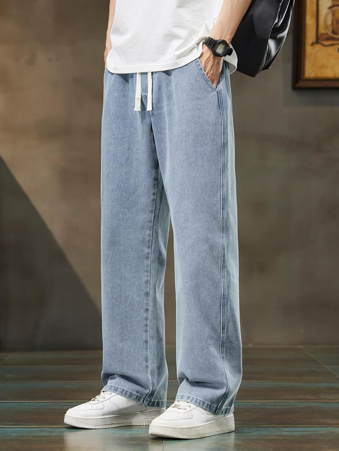 Men's Regular Fit Straight Leg Baggy Jeans Drawstring Elastic Waist Loose Fit Y2K Denim Pants with Pockets - Image 4