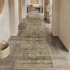 2x10 Washable Green Vintage Runner Rug for Kitchen Hallway Non-Slip Low Pile Soft Thin Carpet Traditional Retro Distressed Accent Throw Rug for Entryway Bathroom Indoor Bedroom