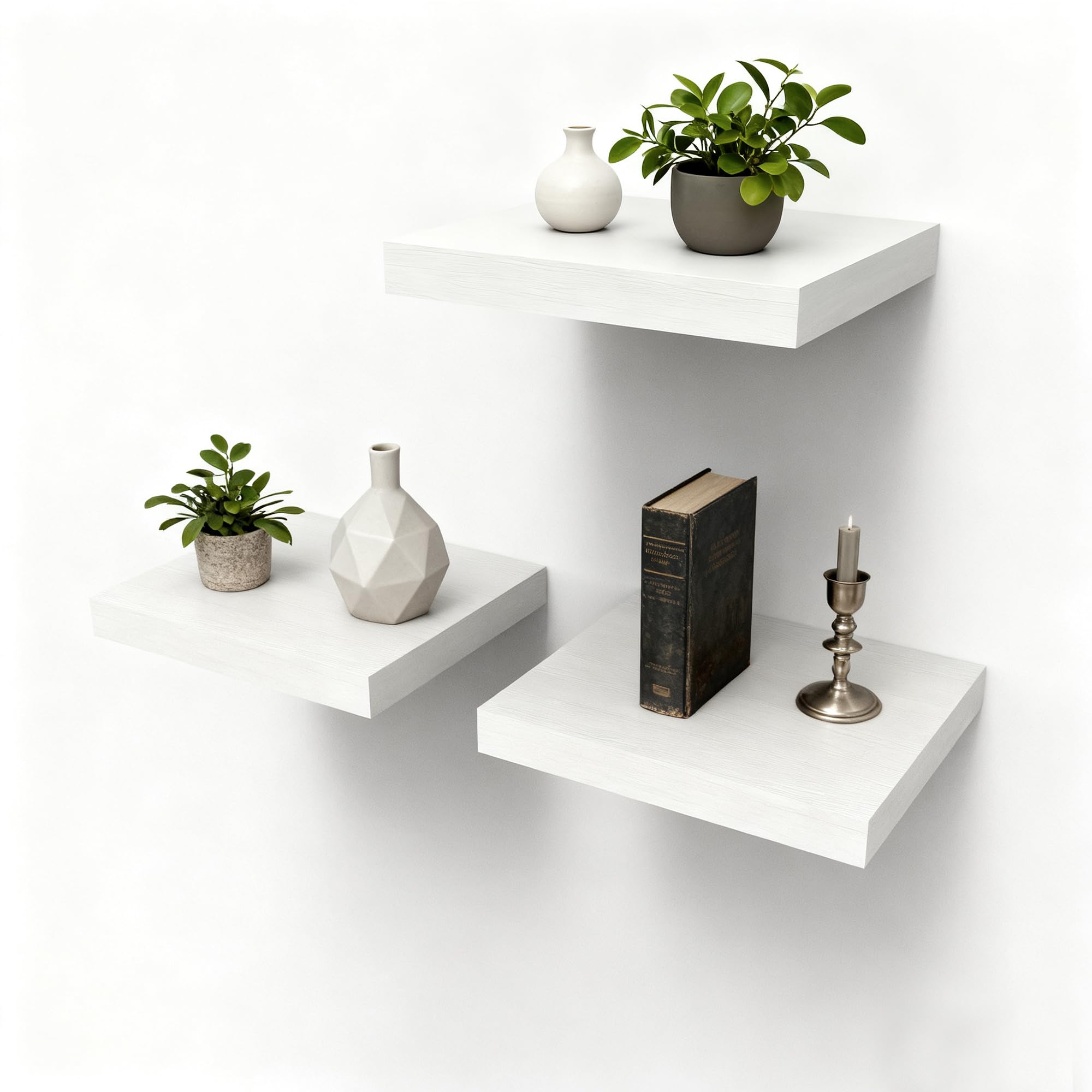 Lot de 3 Etagere Murale Blanche Bois Fixation Invisible, Étagère Murale Blanche Suspendue Bibliothèque Flottante Tablette pour Deco Salon/Cuisine/Chambre/Salle de Bain/Blanc(Icône Chêne)25x22CM