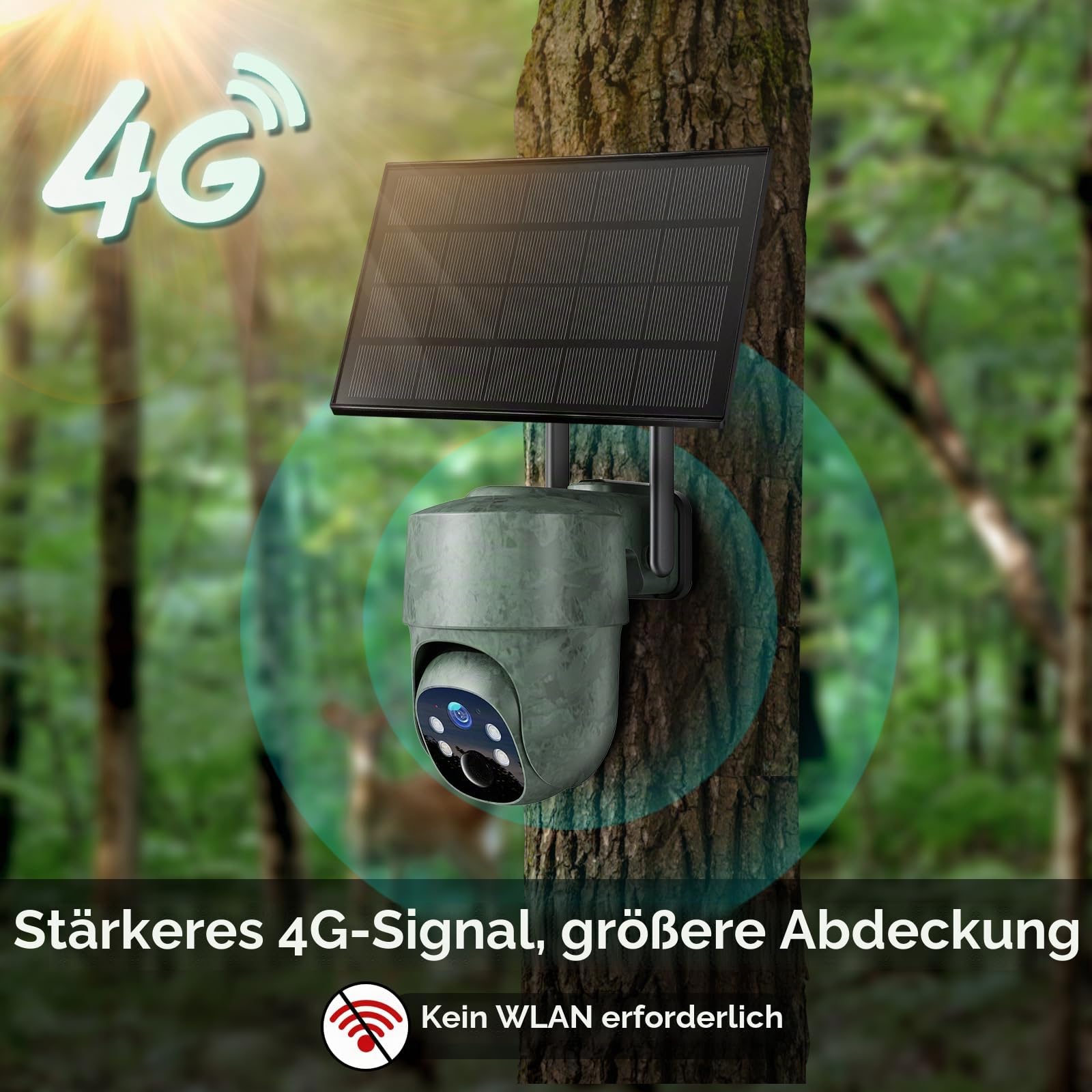 WOLFANG 4G LTE Wildkamera, Überwachungskamera mit Handyübertragung App Wildkamera Solar mit SIM Karte, 4G Bild-& Videoversand, 2.5K HD-Video PTZ Bewegungsmelder Nachtsicht, IP66 Wasserdicht, 8400mAh