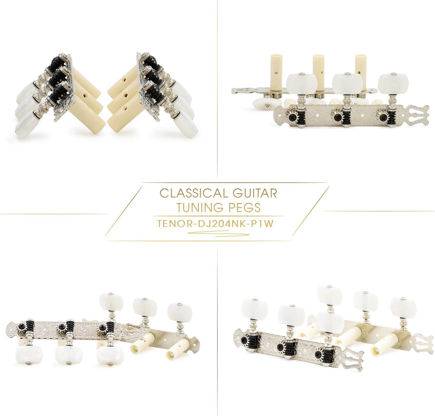 DJ204NK-P1W TENOR Classical Guitar Tuners, Tuning Key Pegs/Machine Heads for Classical or Flamenco Guitar with Nickel Plated Finish and Pearl Colored Buttons.