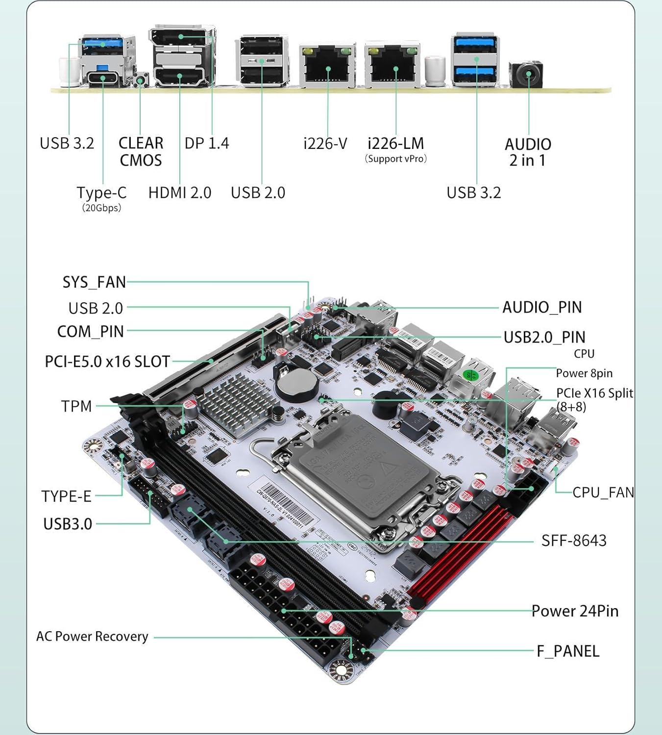 Mini Motherboard Low Power Commercial Storage Motherboard, Q670 Chipset, 8 SATA Ports, 2 x 8643 Interfaces, PCIe 5.0 Expansion Slots,2* DDR5 MAX 96GB Supports 12th-14th Gen Processor