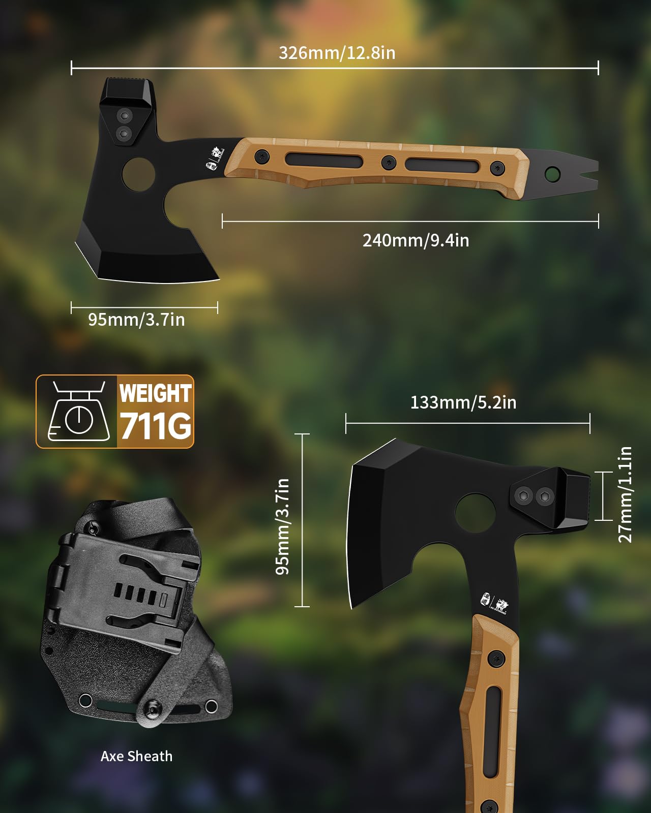 HX OUTDOORS Accetta Multifunzionale, Accetta Tattica da Sopravvivenza con Rivestimento in Titanio Nero per Campeggio e Bushcraft, Dotata di Martello e Estrattore per Chiodi (Marrone)