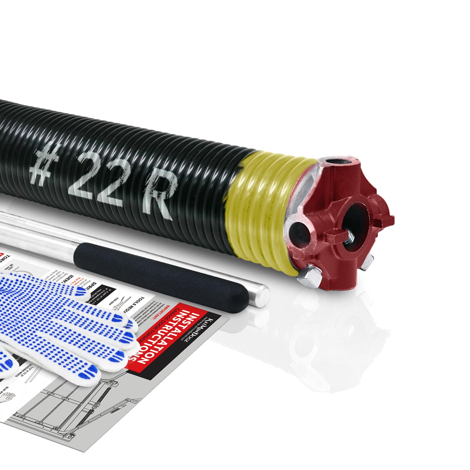right hand wind (red cone) 2" garage door torsion spring with non-slip winding bars & gloves, electrophoresis black coated, for replacement, min 16,000 cycles (0.207x2"x22")