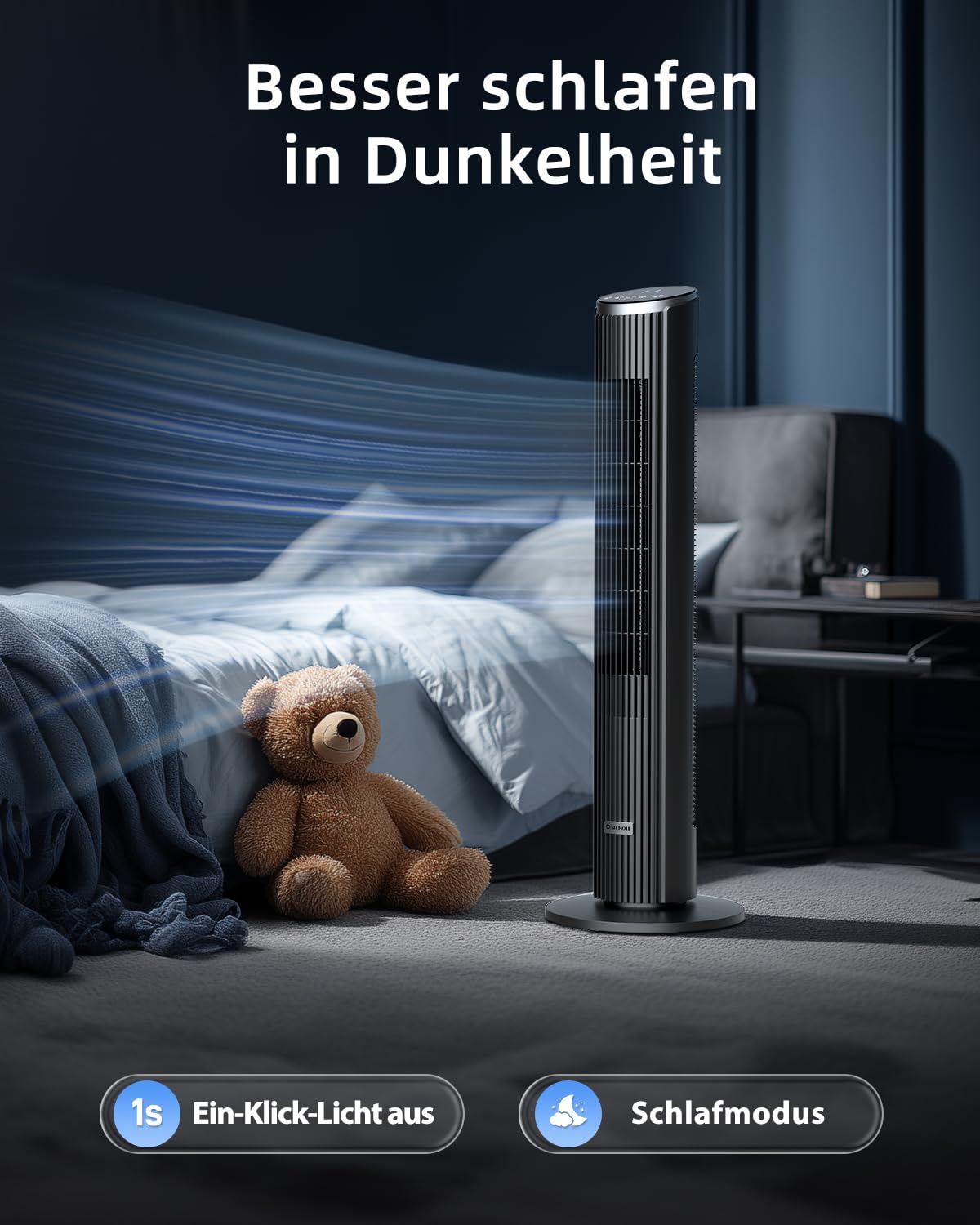 Ateroll Leiser Turmventilator für Schlafzimmer, Standventilator mit Fernbedienung, 90° oszillierend, 4 Geschwindigkeiten 3 Modi 12H Timer LED-Anzeige, 91 cm Elektrischer Kühlventilator, Schwarz